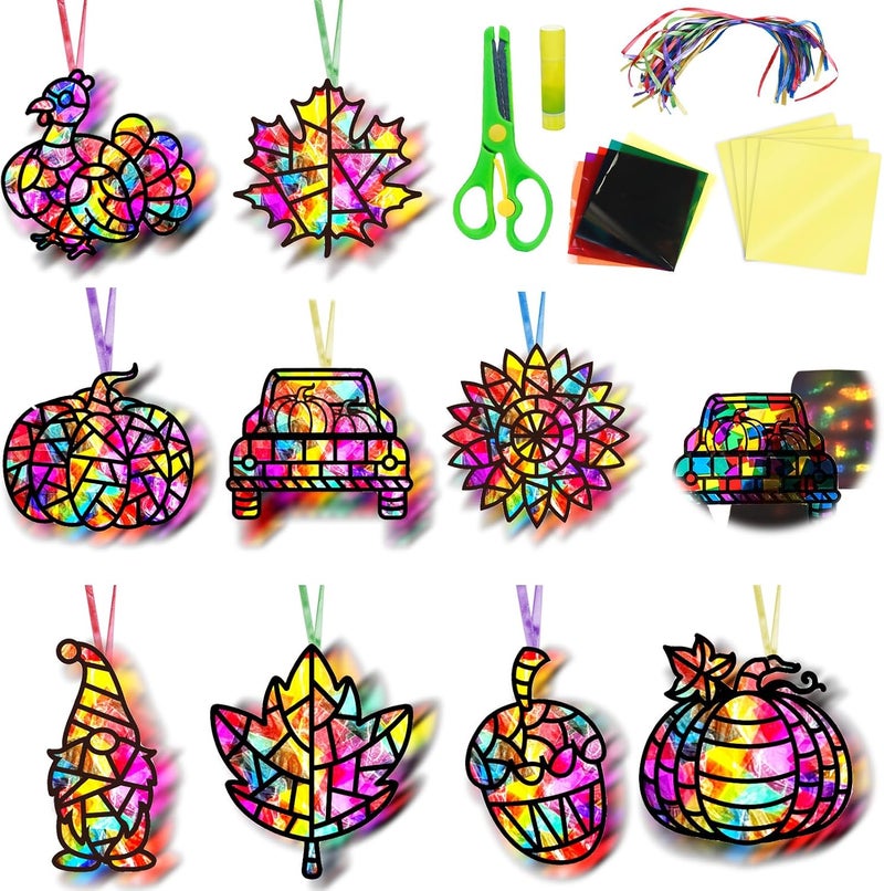 EggSun 36 Sets Fall Thanksgiving Suncatchers Craft Kit for Kids Ornaments Stained Glass Window Arts and Crafts Kit for Classroom Holiday Projects Home Party Favors Decorations Ages 4 8 12 - Image 1